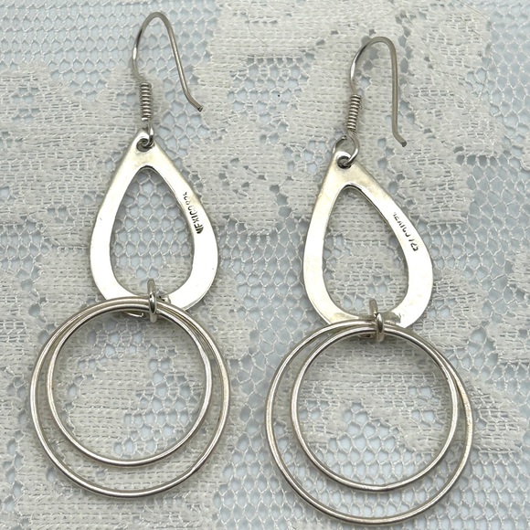 925 Sterling Silver Hammered Circle Double Dangle Earrings - Picture 7 of 13